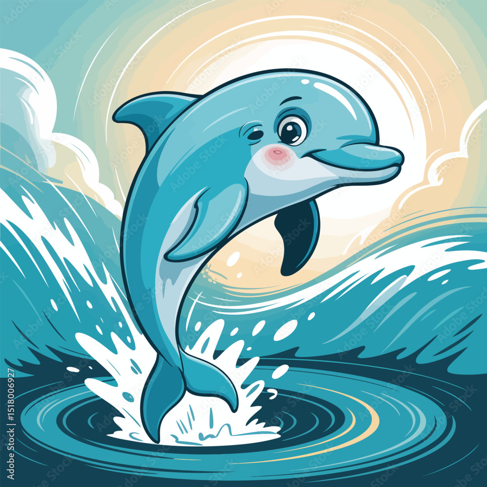 Fototapeta premium A playful cartoon dolphin leaping through ocean waves under a bright sunny sky in a dynamic illustration