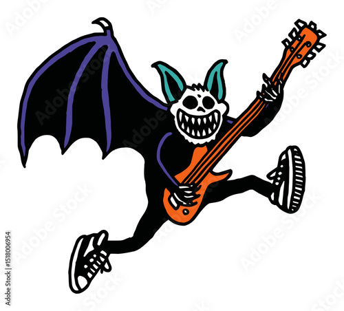 Hand-Drawn Doodle of a Bat Playing Electric Guitar in Modern Style