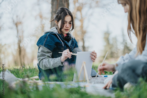 A fun outdoor art activity as friends come together in a serene green park, painting on easels amidst fresh nature and sunlight. Perfect for depicting creativity, friendship, and relaxation in nature.