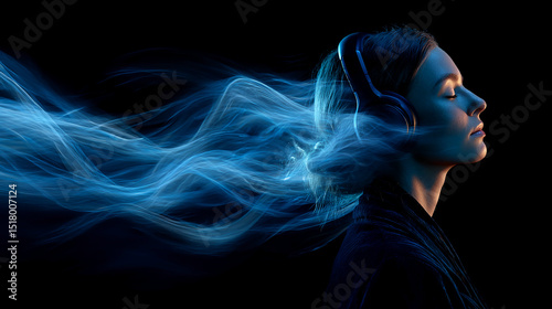 Woman wearing headphones, blue light trails flowing from her hair, symbolic of immersive music experience, relaxation, and tranquility