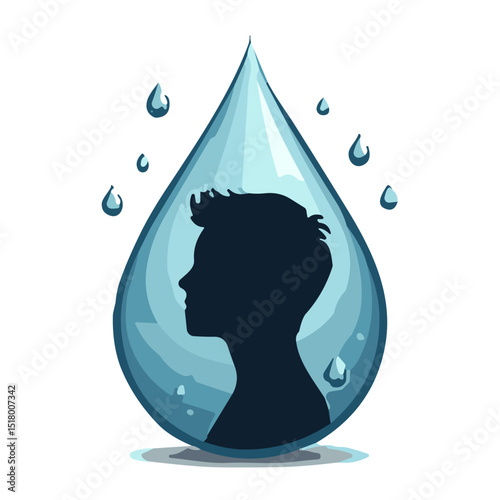 Silhouette of a person's head inside a water drop represents purity, clarity and freshness
