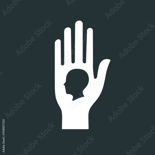 Human profile inside hand, white on gray, representing care and protection, for social campaigns