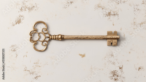 Vintage skeleton key on light textured background for historical decor