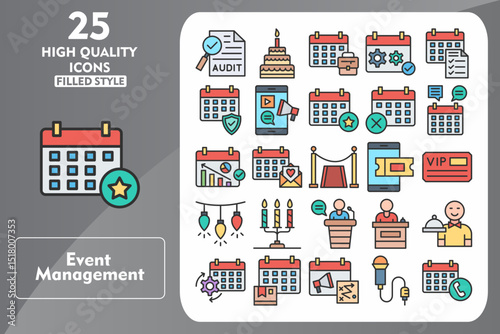 Event Management Line Filled Icon Set. Incleded Icons Audit, Birthday Cake, Business Event, Event Management, Checklist, Security. Vector Icons Collection