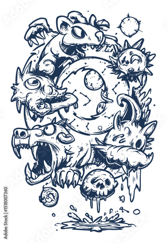 Modern Hand Drawn Illustration of Playful Cartoon Monsters and Creatures