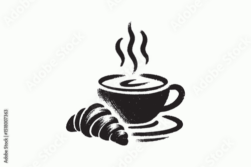 Coffee cup with croissant engraving style vector illustration logo, icon, sign, emblem