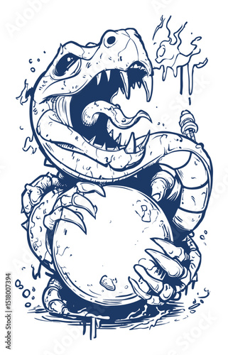 Modern Hand-Drawn Illustration of a Cartoon Dinosaur with a Drum