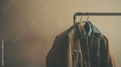 Minimalist metal coat rack with neatly hung jackets against a soft, neutral background.