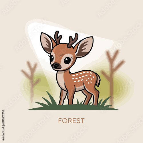 Adorable cartoon deer illustration in a forest setting with green grass and a soft light beam perfect for children's designs and nature themes