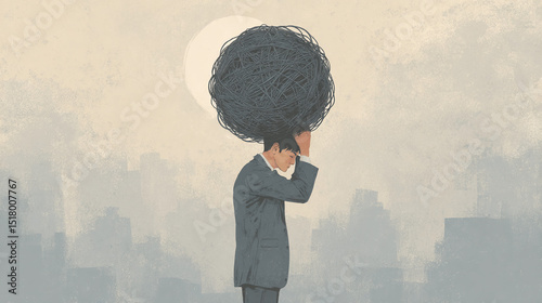 Man in suit burdened by tangled mass above head, symbolizing stress, pressure, and overwhelming responsibilities in urban setting