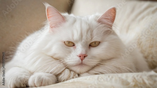 Wallpaper Mural Relaxed white cat confidently lying down, displaying calmness, and smooth fur texture indoors. Perfect image for concepts of comfort, tranquility, and elegance of pets. Torontodigital.ca