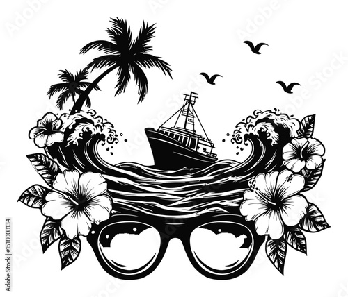 Detailed Engraving of Sunglasses, Waves, Ship, and Tropical Vibes