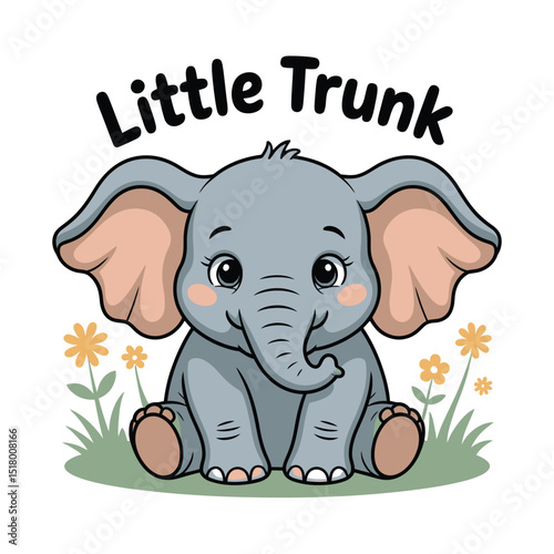 Adorable cartoon elephant sitting in grass with yellow flowers perfect for childrens designs and educational materials