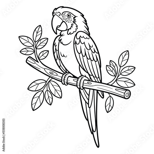 Macaw parrot in rainforest Coloring Page, Vector, Illustration, Icon, Outline, Line Art, Silhouette, Logo, White Background.