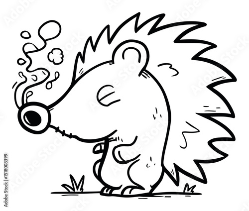 Cute Cartoon Hedgehog with Smoky Whimsical Expression in Simple Line Art