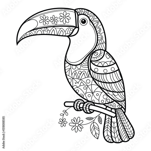 Mandala-style toucan Coloring Page, Vector, Illustration, Icon, Outline, Line Art, Silhouette, Logo, White Background.