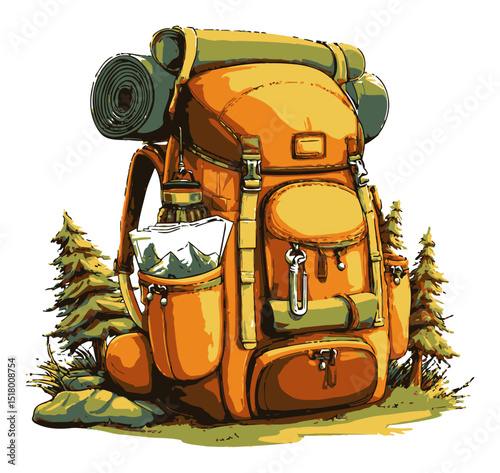Modern Hand-Drawn Illustration of a Camping Backpack in Nature