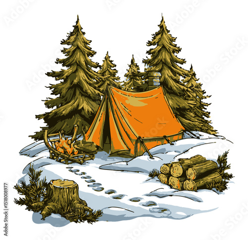 Hand-Drawn Illustration of a Modern Camping Scene in Nature