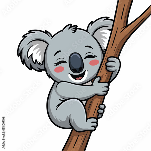 Adorable cartoon koala embracing a tree branch with joyful expression in cute illustration