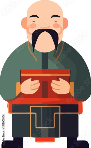 Illustration of a wise scholar holding a book with a kind expression, set in a traditional Asian style