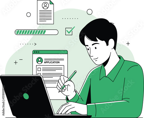  Minimal line-art vector of a person filling out an online job application form on a laptop