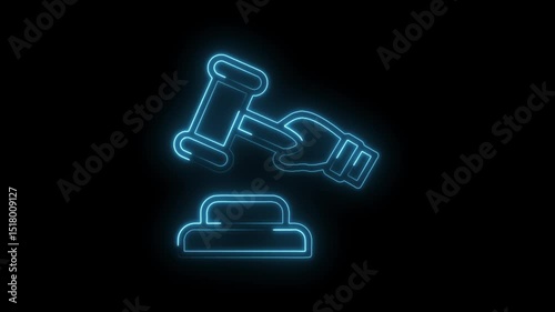 Glowing neon outline of hand holding gavel for legal,justice,and auction themes
