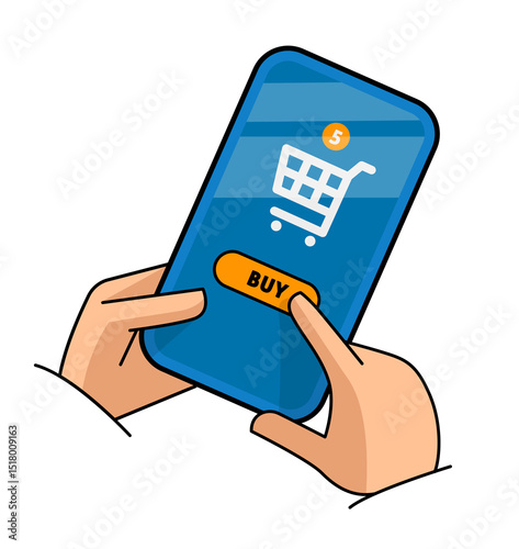 Smartphone shopping in hands. Phone screen shopping cart icon buy button. User interface online shopping app e-commerce site, mobile payment system. Isolated. PNG illustration.