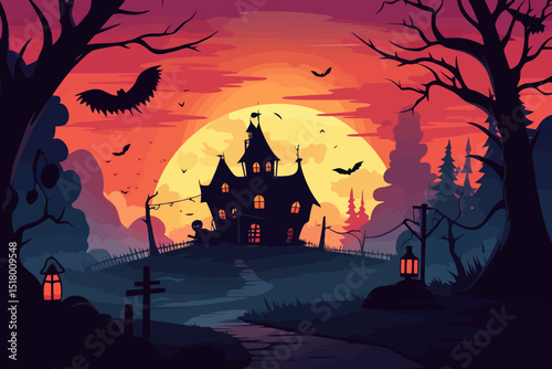 Haunted mansion silhouette under a vibrant sunset with bats flying and trees lining the path