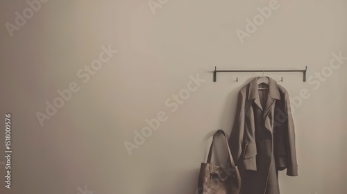 Minimalist metal coat rack with neatly hung jackets against a soft, neutral background.
