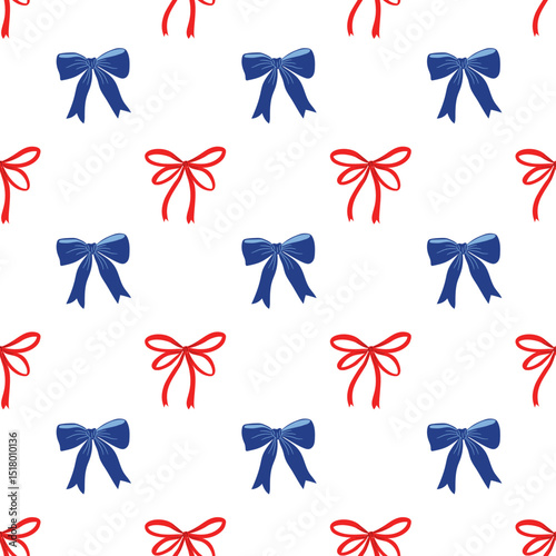 Whimsical bows seamless pattern in red and blue on white background. 