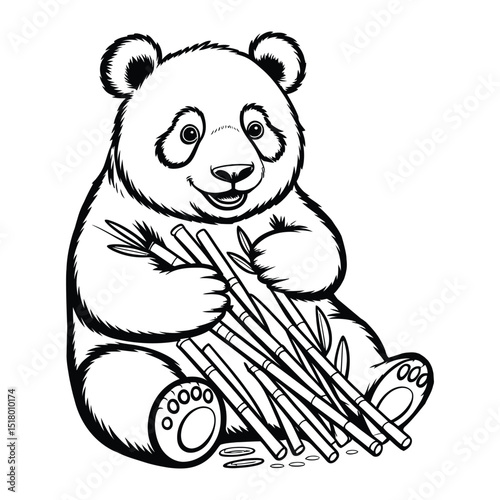 Panda eating bamboo Coloring Page, Vector, Illustration, Icon, Outline, Line Art, Silhouette, Logo, White Background.