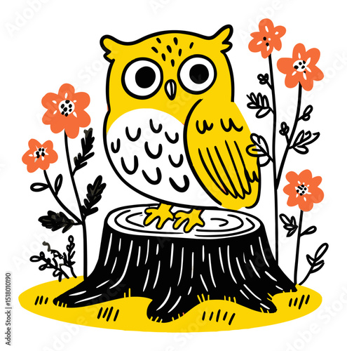 Colorful Hand-Drawn Illustration of Owl Sitting on Tree Stump with Flowers