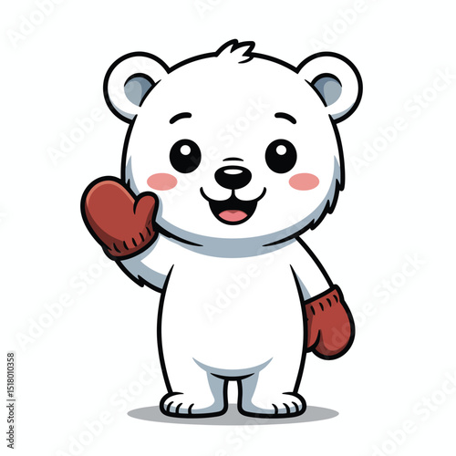 Adorable cartoon polar bear character wearing red mittens waving hello with friendly expression on white background