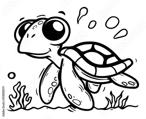 Cute Sea Turtle Drawing in Black and White Engraving Linocut Style