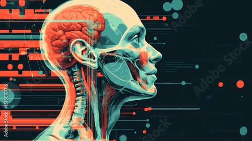 Abstract digital art of a human head and neck, showcasing brain, muscles, and nerves against a tech background.