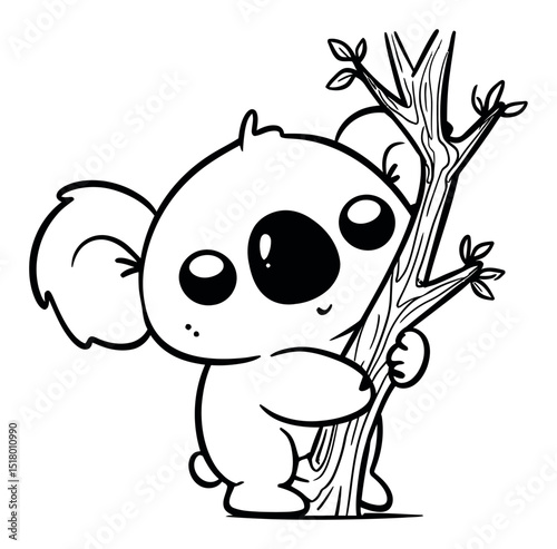 Cute Cartoon Koala Embracing Tree Branch in Minimalist Style Drawing