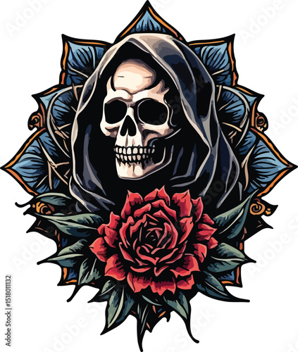 Grim Reaper Tattoo Art Design with Mandala Art Concept – Perfect for Tattoo, T-Shirt Design, Print, Wall Art, Poster or Digital Stickers. Editable vector