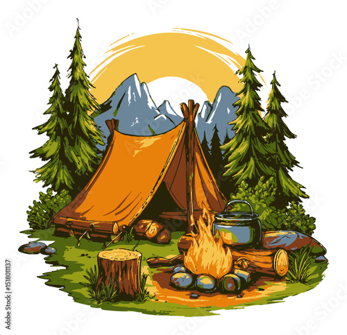 Cozy Camping Scene in Nature with Tent, Fire, and Mountains in Background