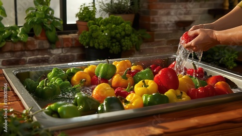 Washing colorful bell peppers in cozy farmhouse kitchen with wood counters and potted herbs