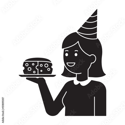 A girl with party hat and cheese on a platter vector, silhouette, illustration, horizontal, isolated assets,