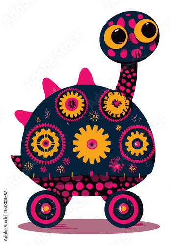 Whimsical Modern Doodle Illustration of a Colorful Mechanical Dinosaur