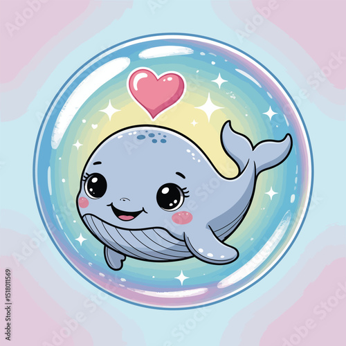 Adorable cartoon whale inside a bubble with a heart above surrounded by shimmering stars and pastel colors perfect for children's designs and celebrations