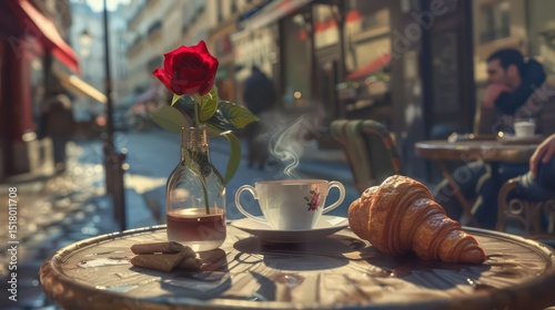 Paris café with croissant, cappuccino, newspaper, and stylish people amid vintage charm.

