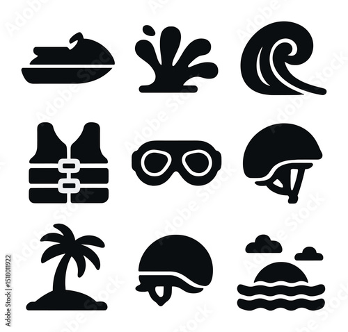 Water Sports Icons. Solid, filled icons set of active water sports lifestyle: jet ski icon, water splash, wave