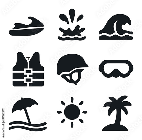 Thrilling Water Rides Icons. Solid, filled icons set of thrilling water rides: jet ski icon, splash icon,