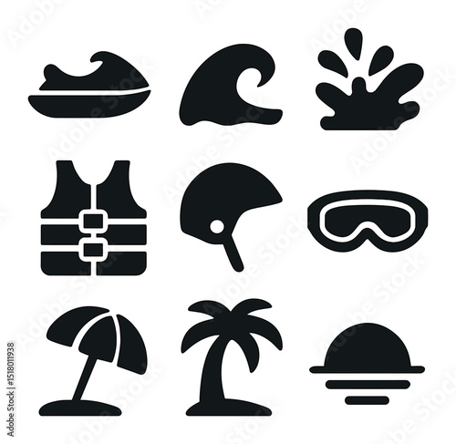 Adventure Icons Set. Solid, filled icons set of adventure and adrenaline rides: jet ski icon, water wave,