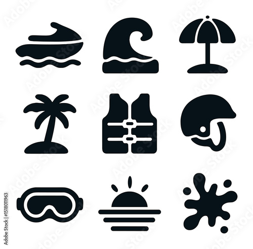 Tropical Adventure Icons. Solid, filled icons set of tropical water adventures: jet ski icon, water wave,