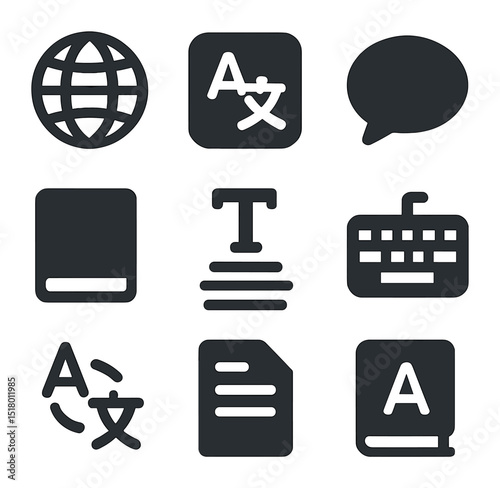 Language Icon Set. Solid, filled icons set of language diversity and translation: globe icon, language icon,