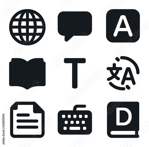 Language Accessibility Icons. Solid, filled icons set of worldwide language accessibility: globe icon, speech