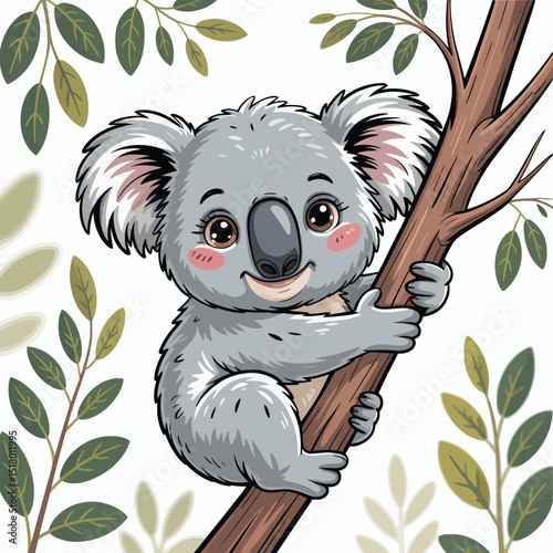 Charming cartoon koala clinging to a tree branch surrounded by leaves a delightful illustration for children's designs